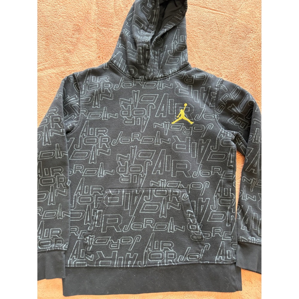 Jordan Air Allover Print Hoodie Boys Medium 10-12 Black Yellow Jumpman C810-023